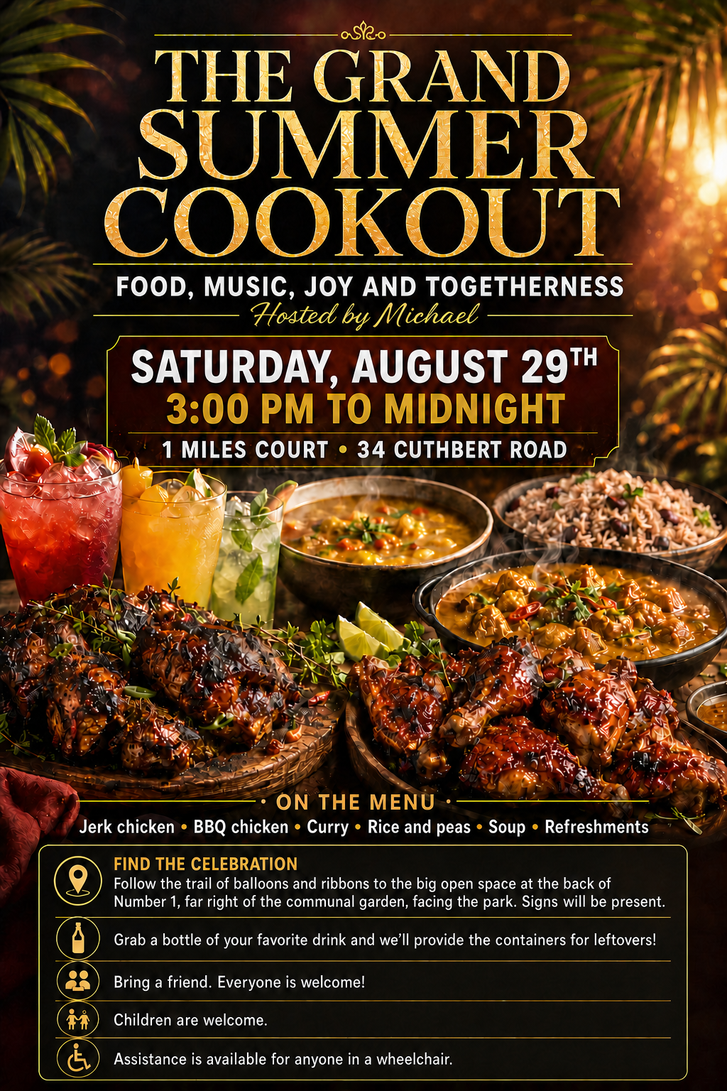 The Grand Summer Cookout poster showing Caribbean food, drinks and full event details